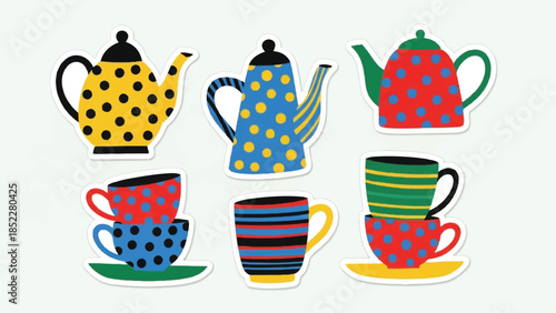 Hand Drawn Colorful Tea Set Sticker Collection with Polka Dot and Striped Patterns on White Background