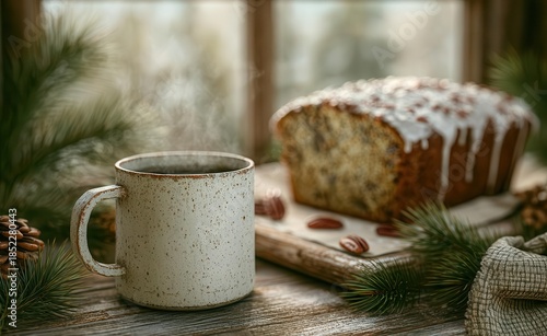 On a warm, brown wooden table, a white cup of hot coffee rests beside green spruce twigs and freshly made waffles with souffle and cinnamon, all illuminated by festive Christmas lights that set a