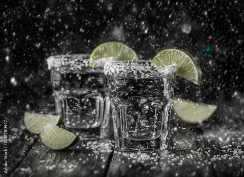 Tequila shots rimmed with lime and salt sit against a rustic background. Copy space