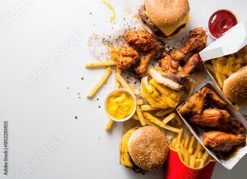 A fast‑food delivery menu backdrop showcasing a variety of burgers, cheeseburgers, nuggets, French fries, and soda drinks, all of which are junk, ultra‑processed, low‑nutrition, high‑calorie items