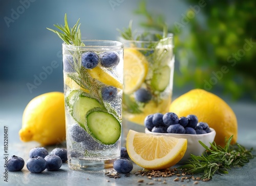 A modern drink still life showcases a vegan cocktail with cucumber, lemon, lime, blueberry, and chia seeds, highlighting detox, weight loss, healthy lifestyle, and nutrition