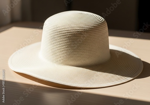 Elegant summer hat resting on a surface illuminated by soft sunlight