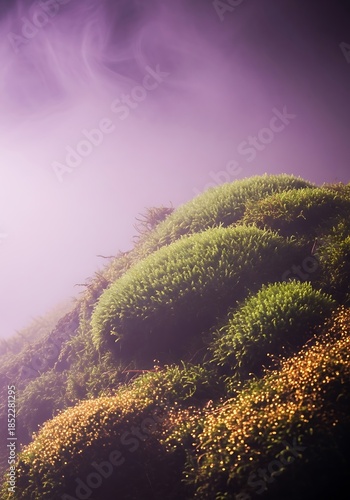 Mystical moss patch with light fog creating an ethereal natural view