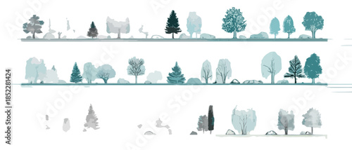다양한 종류의 나무와 식물들이 줄지어 있는 수채화 스타일의 일러스트레이션