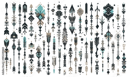다양한 민족적 화살표 디자인 모음, 보헤미안 스타일의 장식적인 요소들, 투명한 배경에 배치됨