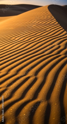Textured golden sand dunes with rippled patterns illuminated by sunlight