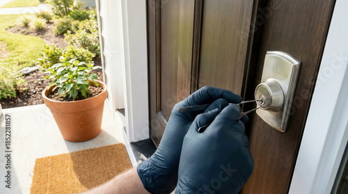 Gloved hands expertly picking a residential door lock. Depicting a locksmith service, security breach, or home re-entry.