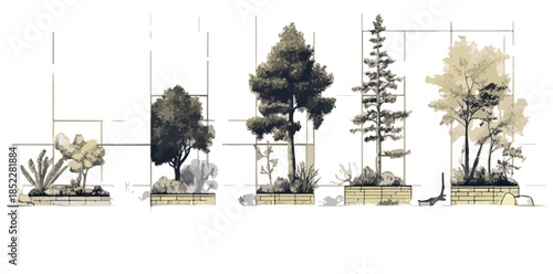 다양한 종류의 나무와 식물이 투명한 배경에 스케치 형식으로 그려져 있습니다.