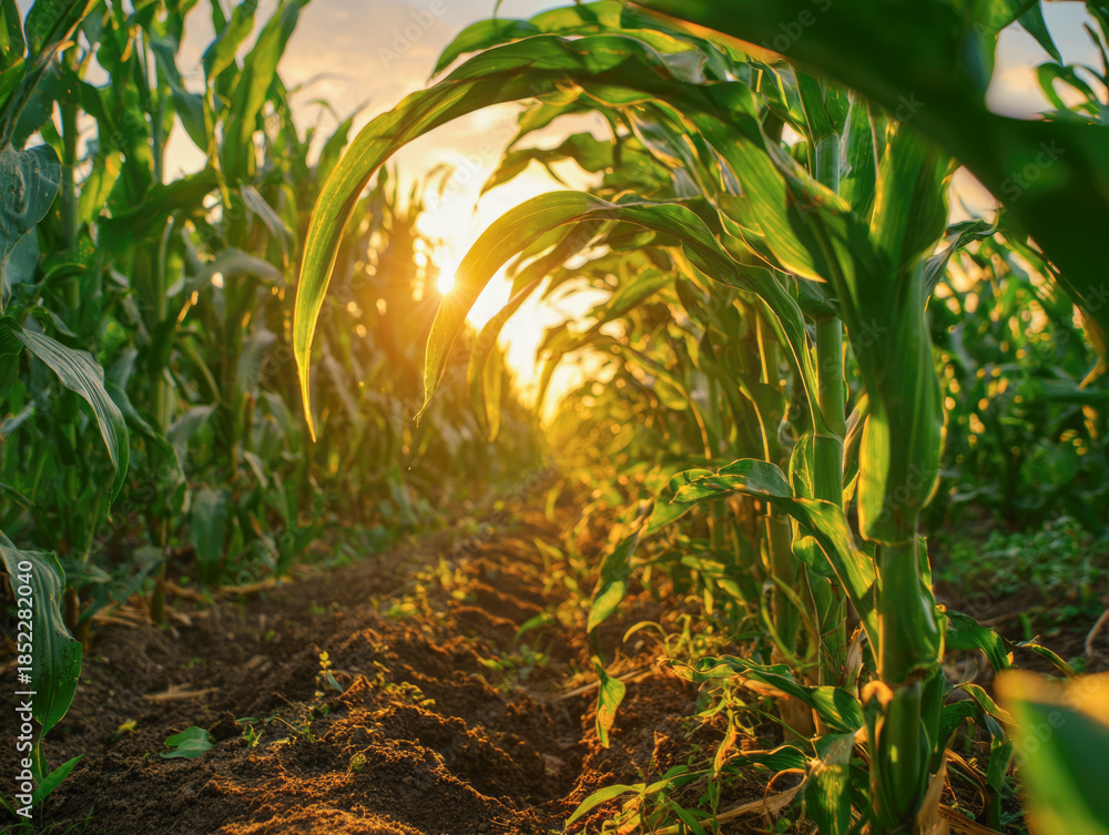 Obraz premium green corn field or maize field at agriculture farm in the morning sunrise 