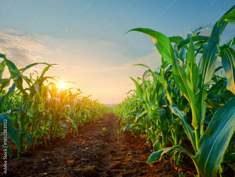 Fototapeta premium green corn field or maize field at agriculture farm in the morning sunrise 