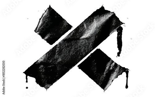 검은색 테이프가 교차되어 칠해진 X자 모양의 질감 있는 추상적인 그래픽 요소