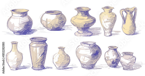 다양한 모양과 크기의 투명한 질감의 빈 도자기 병과 항아리들의 스케치 일러스트