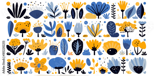 파란색과 노란색의 추상적인 꽃과 식물 패턴, 투명한 배경에 귀여운 일러스트