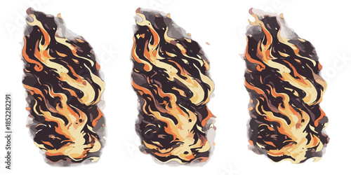 어두운 배경에 겹쳐진 세 개의 불꽃 모양 일러스트, 투명한 느낌의 추상적인 디자인