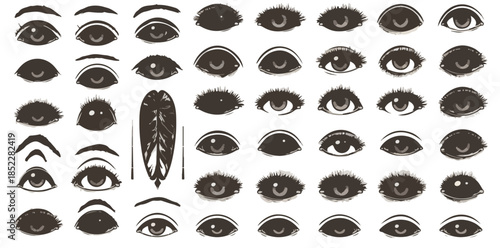 다양한 눈 모양과 눈썹의 흑백 일러스트 모음, 투명한 배경에 그려진 사람의 눈