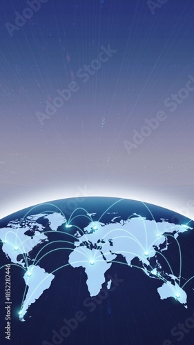 Global network connections spanning across the world map, illustrating data transfer and communication on a futuristic blue background with subtle light rays.