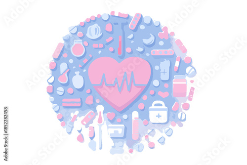 심장 박동 그래프가 있는 핑크색 하트 주변에 다양한 의료 용품이 모여 있는 건강 관리 개념