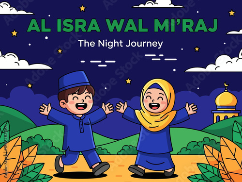 Cute Islamic illustration celebrating Al Isra Wal Mi’raj, showing happy Muslim children under a starry night sky with mosque scenery, symbolizing faith, spirituality, education, and religious celebrat