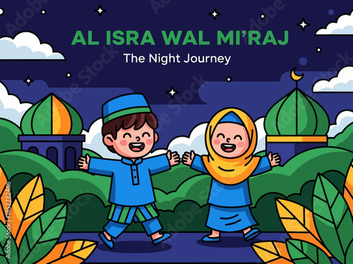Cute Islamic illustration celebrating Al Isra Wal Mi’raj, showing happy Muslim children under a starry night sky with mosque scenery, symbolizing faith, spirituality, education, and religious celebrat