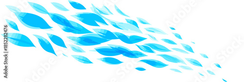 푸른 잎사귀 패턴이 바람에 흩날리는 듯한 추상적인 디자인, 투명한 느낌의 배경