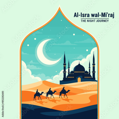 Al Isra wal Mi’raj illustration featuring camel riders crossing desert dunes toward a mosque under a crescent moon night sky. Elegant flat Islamic artwork for religious events, posters, and education.