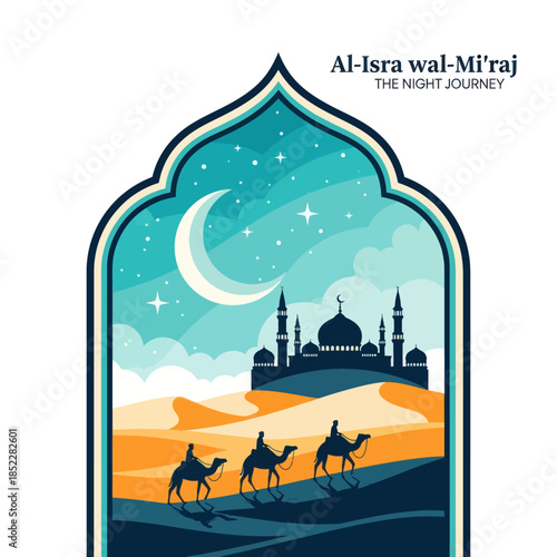 Al Isra wal Mi’raj illustration featuring camel riders crossing desert dunes toward a mosque under a crescent moon night sky. Elegant flat Islamic artwork for religious events, posters, and education.