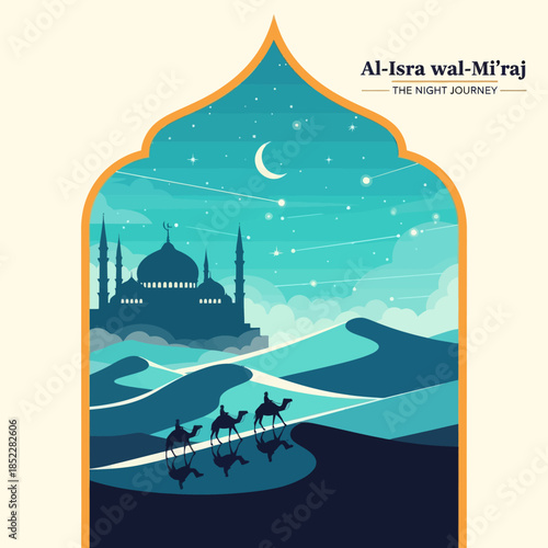 Al Isra wal Mi’raj illustration featuring camel riders crossing desert dunes toward a mosque under a crescent moon night sky. Elegant flat Islamic artwork for religious events, posters, and education.
