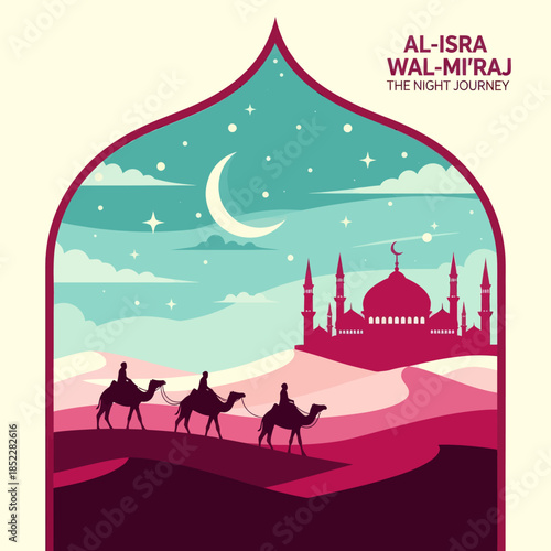 Al Isra wal Mi’raj illustration featuring camel riders crossing desert dunes toward a mosque under a crescent moon night sky. Elegant flat Islamic artwork for religious events, posters, and education.