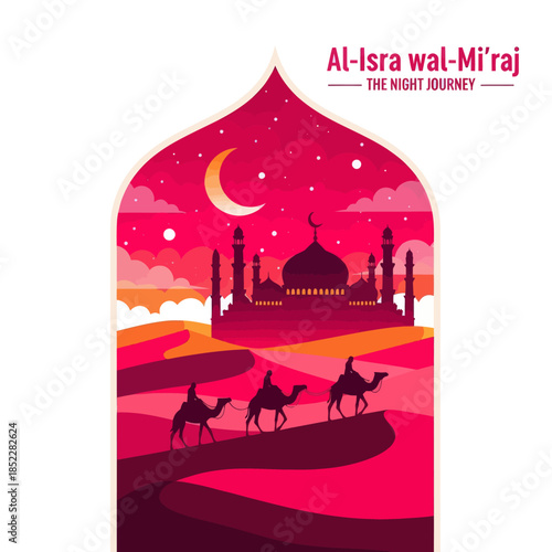 Al Isra wal Mi’raj illustration featuring camel riders crossing desert dunes toward a mosque under a crescent moon night sky. Elegant flat Islamic artwork for religious events, posters, and education.