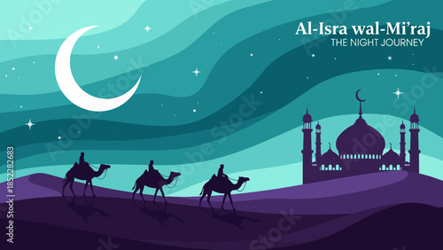 Modern flat illustration of Al-Isra wal-Mi’raj Night Journey featuring mosque silhouettes, crescent moon, stars, desert dunes, and camels, symbolizing Islamic spirituality, faith, and sacred tradition