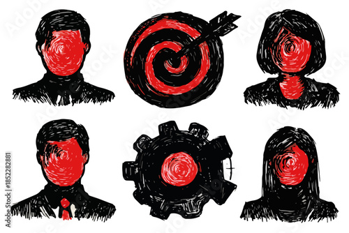 추상적인 붉은 얼굴과 목표, 기어 아이콘으로 표현된 비즈니스 및 목표 달성 개념