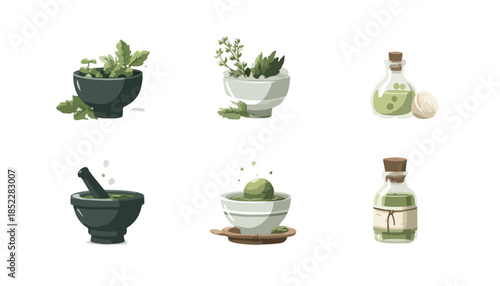 투명한 유리병에 담긴 허브 추출물과 약초가 담긴 절구 및 약탕기 세트