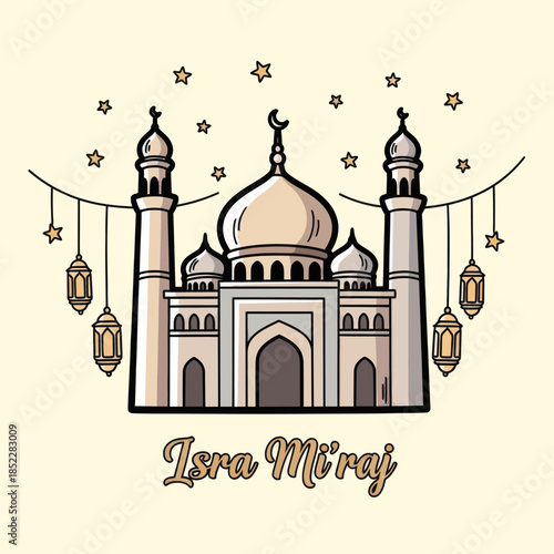 Isra Miraj illustration with elegant mosque, crescent moon, hanging lanterns, and stars on white background. Ideal for Islamic celebration, religious posters, greeting cards, and spiritual designs.
