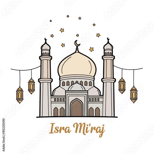 Isra Miraj illustration with elegant mosque, crescent moon, hanging lanterns, and stars on white background. Ideal for Islamic celebration, religious posters, greeting cards, and spiritual designs.