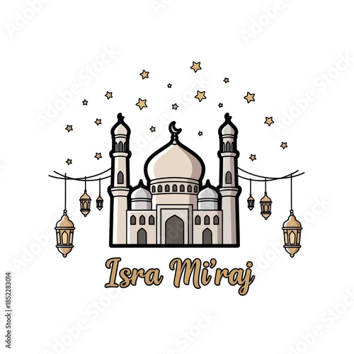 Isra Miraj illustration with elegant mosque, crescent moon, hanging lanterns, and stars on white background. Ideal for Islamic celebration, religious posters, greeting cards, and spiritual designs.