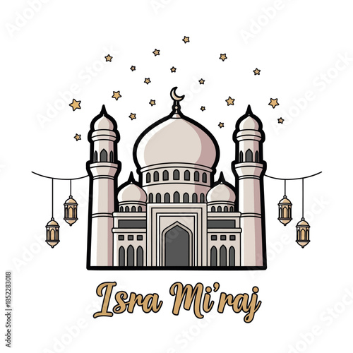 Isra Miraj illustration with elegant mosque, crescent moon, hanging lanterns, and stars on white background. Ideal for Islamic celebration, religious posters, greeting cards, and spiritual designs.