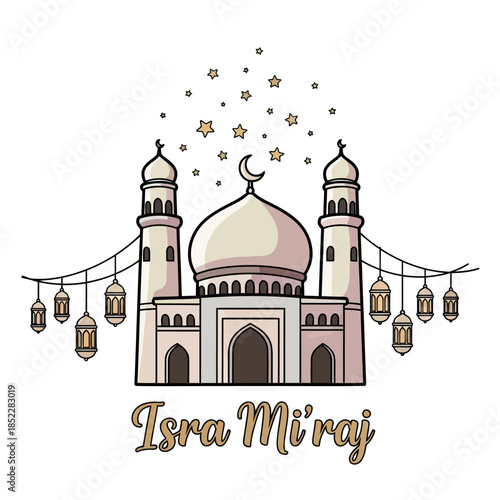 Isra Miraj illustration with elegant mosque, crescent moon, hanging lanterns, and stars on white background. Ideal for Islamic celebration, religious posters, greeting cards, and spiritual designs.