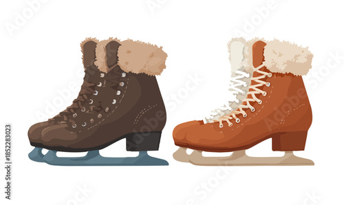 따뜻한 퍼 트리밍이 있는 두 켤레의 스케이트 부츠, 겨울 스포츠 및 레저 활동을 위한 아이스 스케이팅 장비