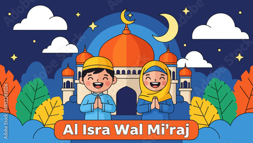 Cute Islamic illustration of Al Isra Wal Mi’raj showing happy Muslim children praying in front of a mosque at night, symbolizing faith, worship, spirituality, and religious celebration.