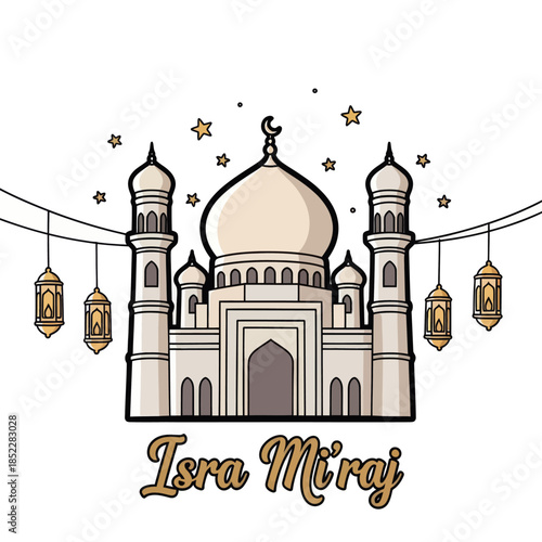 Isra Miraj illustration with elegant mosque, crescent moon, hanging lanterns, and stars on white background. Ideal for Islamic celebration, religious posters, greeting cards, and spiritual designs.