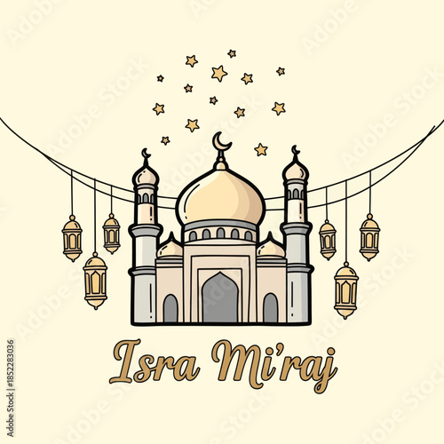 Isra Miraj illustration with elegant mosque, crescent moon, hanging lanterns, and stars on white background. Ideal for Islamic celebration, religious posters, greeting cards, and spiritual designs.