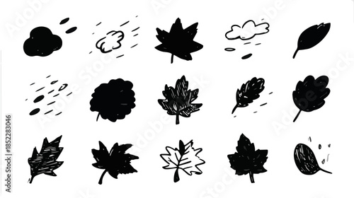 다양한 가을 나뭇잎과 날씨 아이콘의 흑백 일러스트, 투명한 배경