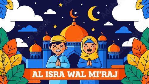 Cute Islamic illustration of Al Isra Wal Mi’raj showing happy Muslim children praying in front of a mosque at night, symbolizing faith, worship, spirituality, and religious celebration.