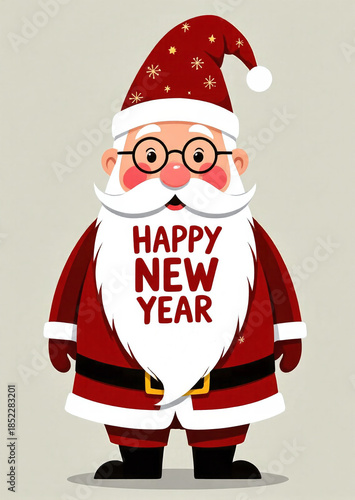 Smiling santa with flowing beard spelling happy new year message