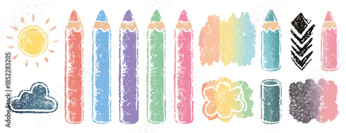 다채로운 색상의 크레용과 그림 요소들이 투명한 배경에 배치되어 있습니다.