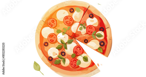 신선한 재료로 만든 마르게리타 피자의 클로즈업, 투명한 배경에 잘린 조각이 돋보입니다.