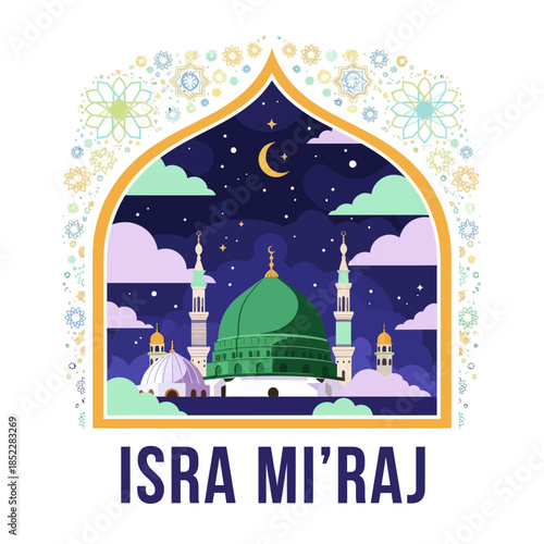 Isra Mi'raj illustration with mosque, crescent moon, stars, clouds, and geometric ornaments. Islamic religious background celebrating the Prophet Muhammad’s night journey in a modern flat style.