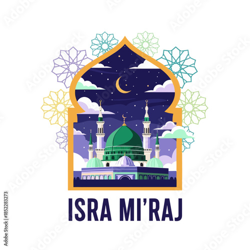 Isra Mi'raj illustration with mosque, crescent moon, stars, clouds, and geometric ornaments. Islamic religious background celebrating the Prophet Muhammad’s night journey in a modern flat style.