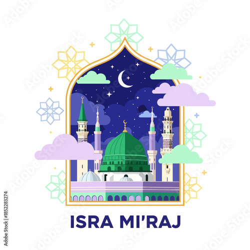 Isra Mi'raj illustration with mosque, crescent moon, stars, clouds, and geometric ornaments. Islamic religious background celebrating the Prophet Muhammad’s night journey in a modern flat style.