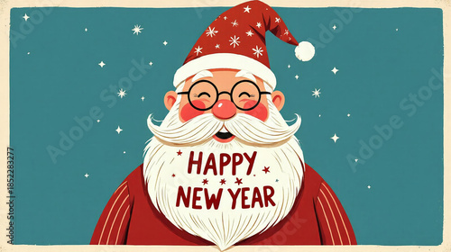 Smiling santa with flowing beard spelling happy new year message
